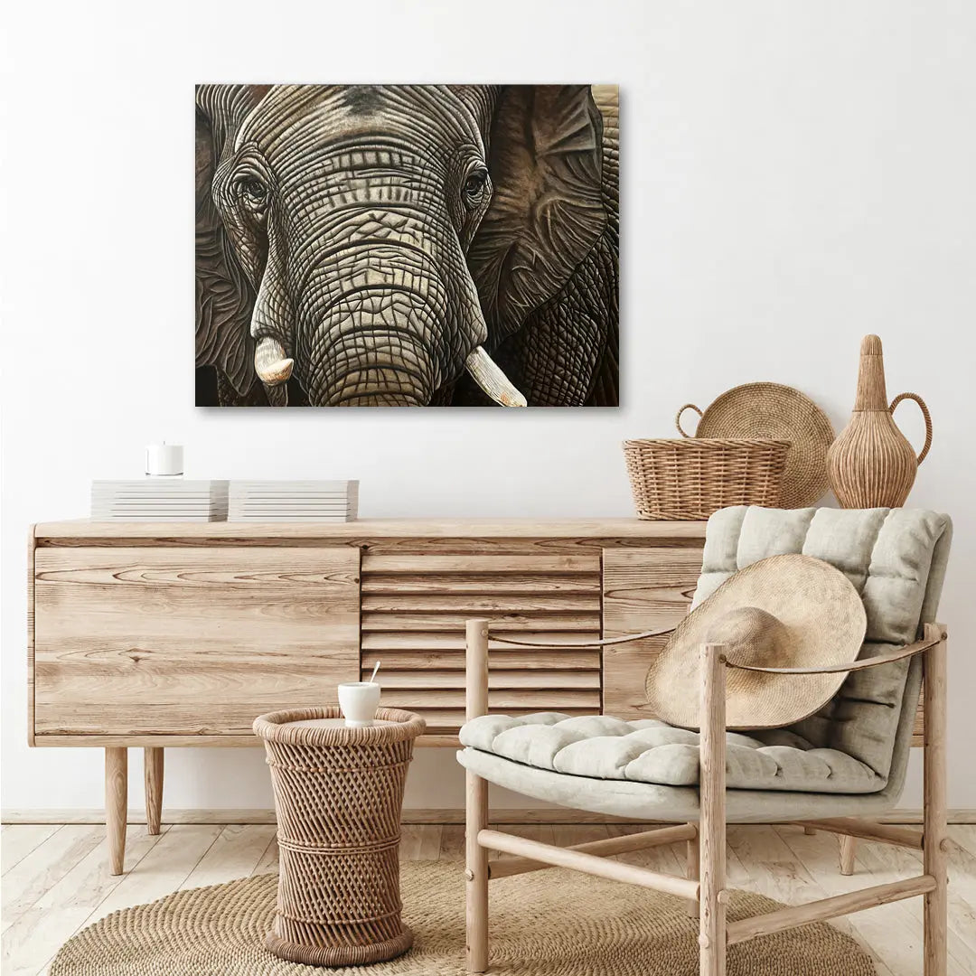 Room interior with wooden furniture, decorative items, and an elephant painting on the wall.