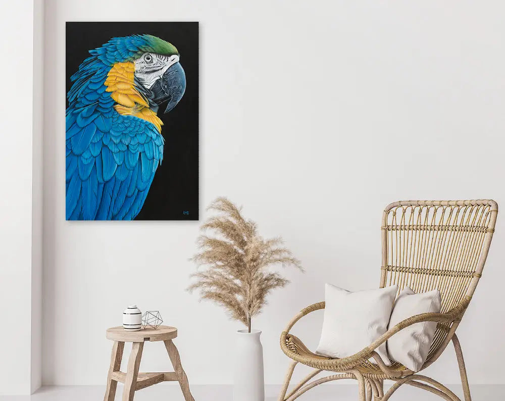 Anastasia - Blue and Gold Macaw Art by Anne-Marie Bloor
