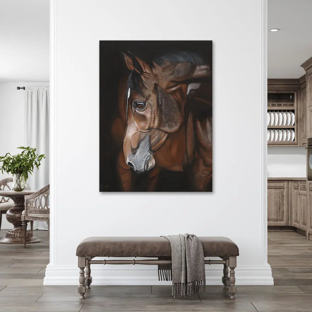 Painting of a horse on a wall in a room with a bench and decor.