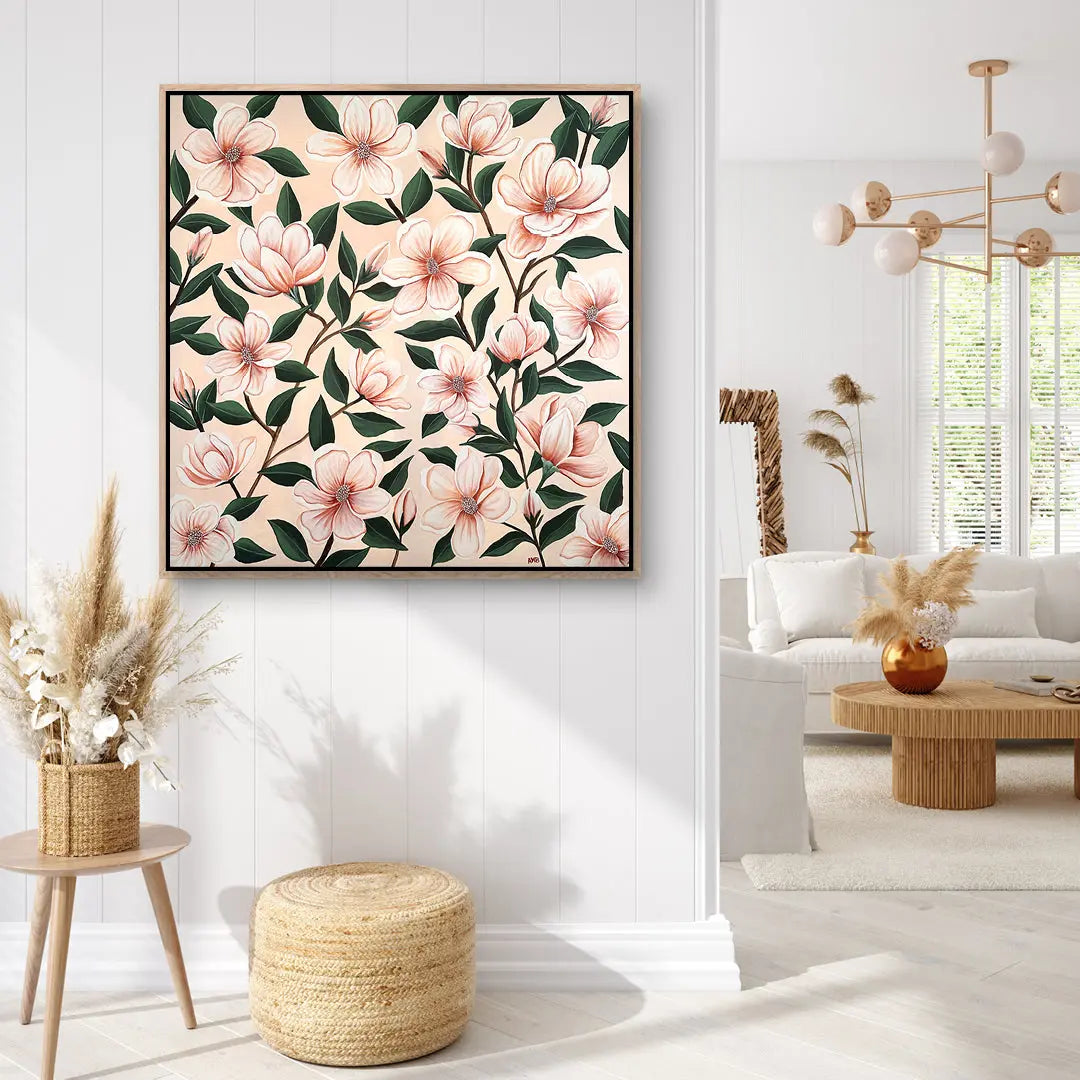 Floral artwork on a wall in a modern living room