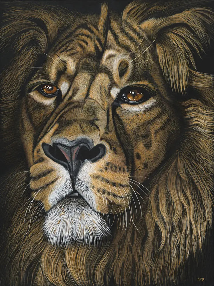 Close-up of a lion's face with detailed fur and expression