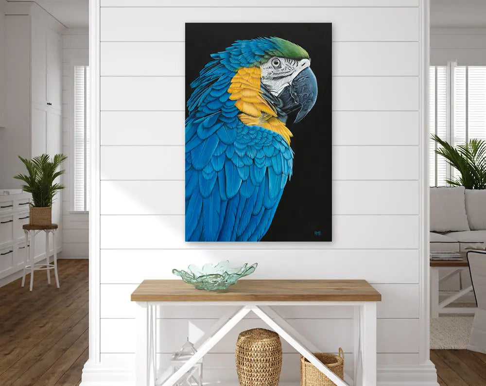 Anastasia - Blue and Gold Macaw Art by Anne-Marie Bloor