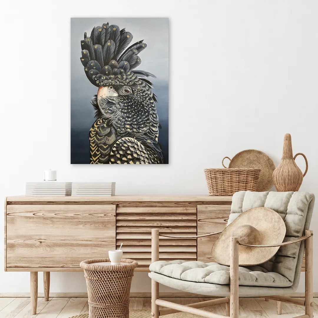 Living room with wooden furniture, decorative items, and a parrot painting on the wall.
