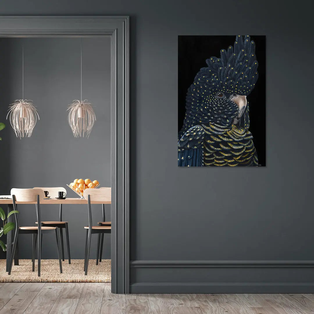Modern interior with a dining area and a decorative wall piece on a dark gray wall.
