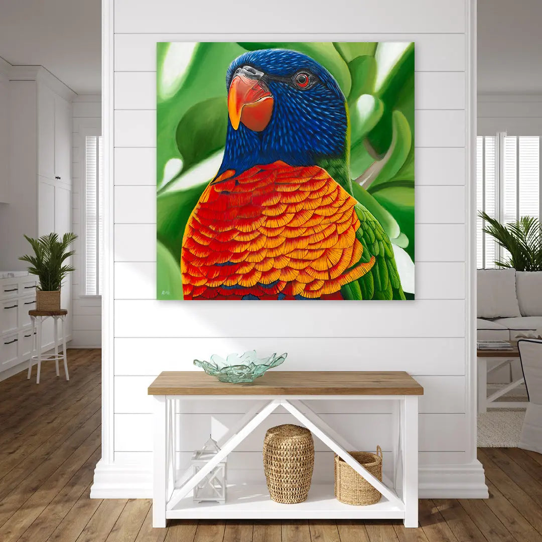Colorful parrot painting on a wall in a living room setting