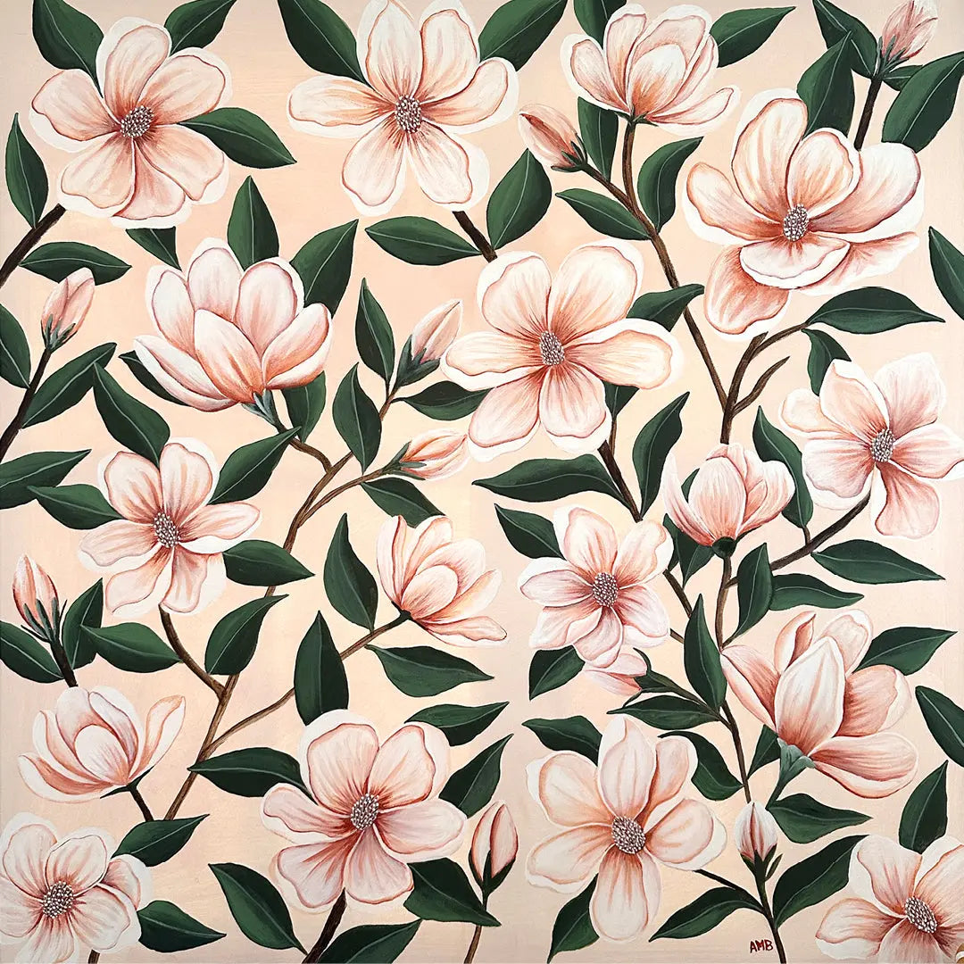 Pattern of pink flowers with green leaves on a beige background