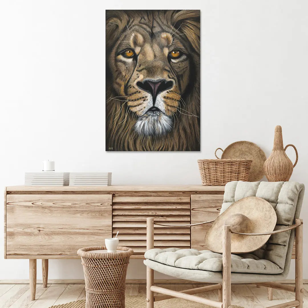 Room interior with a large lion painting on the wall, wooden furniture, and decorative items.