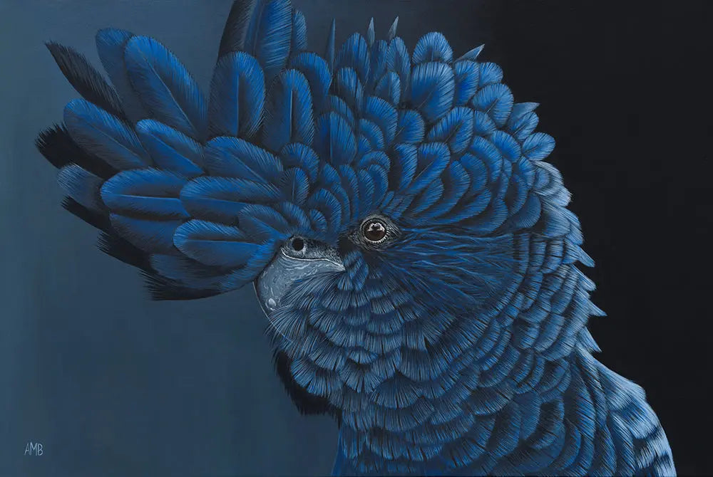 Close-up of a blue bird with detailed feather texture on a dark background