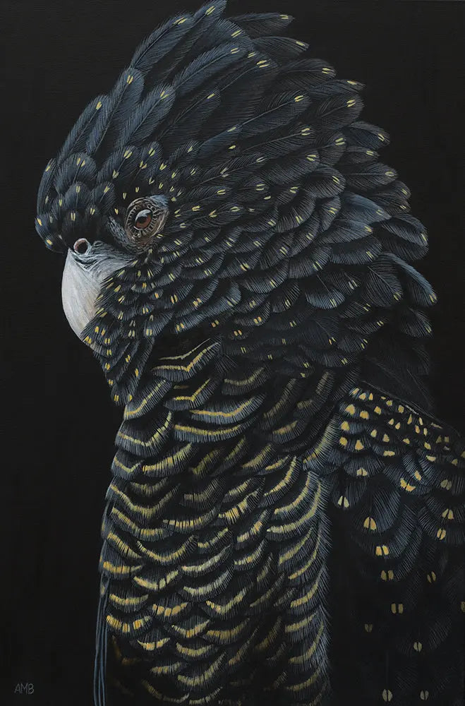 Artistic depiction of a parrot with detailed feather patterns on a black background