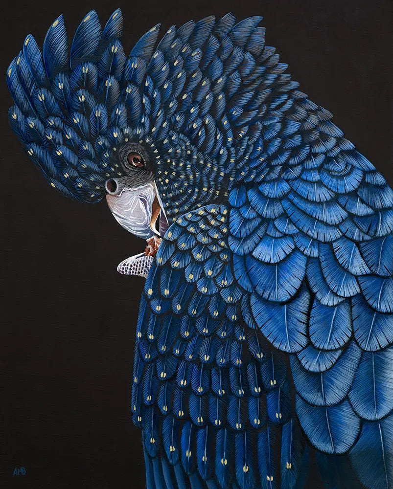 Close-up of a blue parrot with detailed feather patterns on a black background