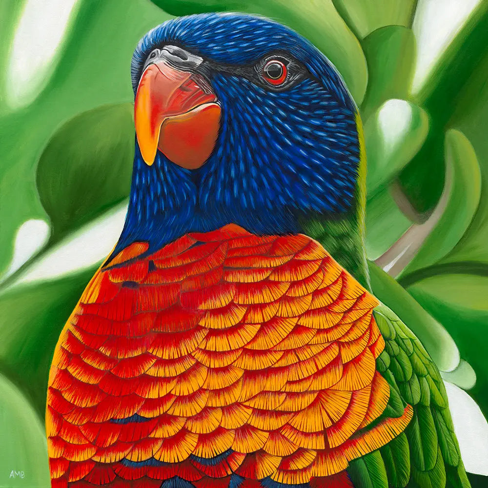 Colorful parrot with blue, orange, and green feathers against a green leafy background