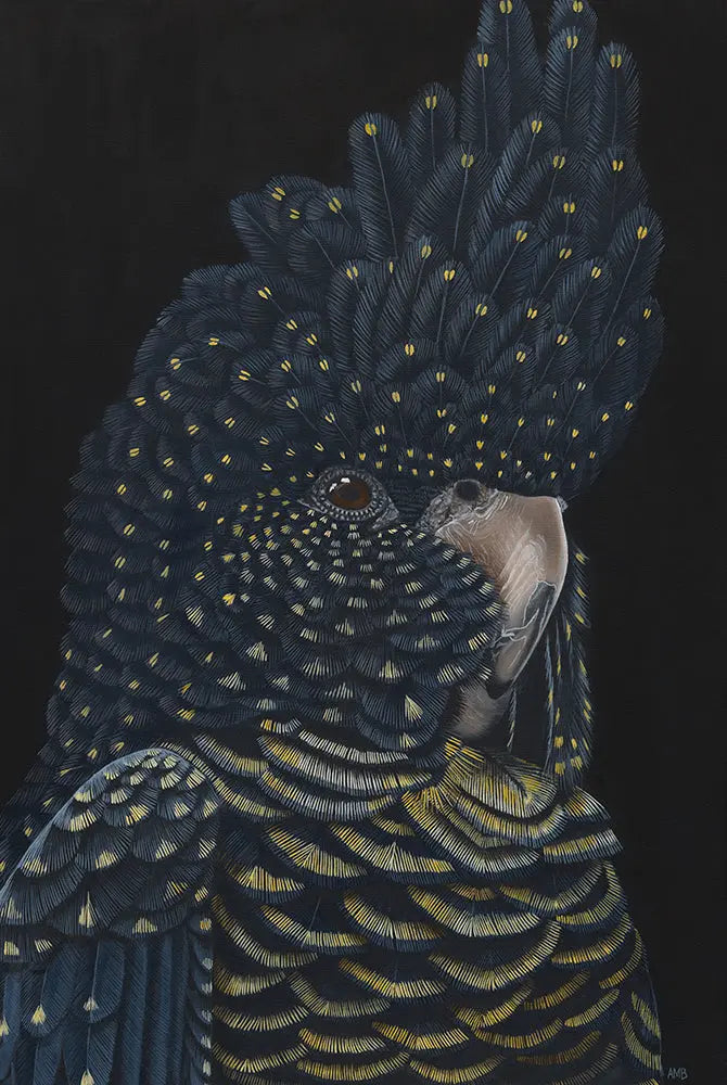 Close-up of a detailed embroidered parrot with black and gold colors on a dark background