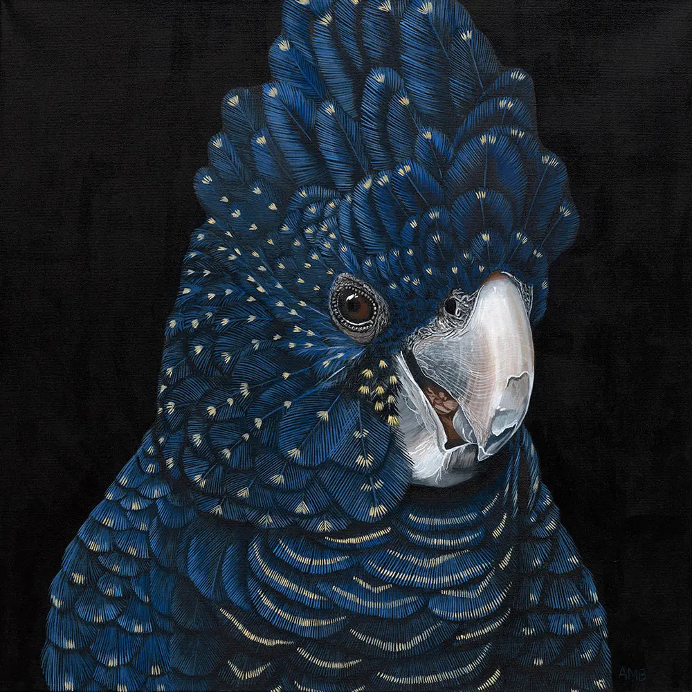 Close-up of a blue parrot with detailed feather patterns on a black background